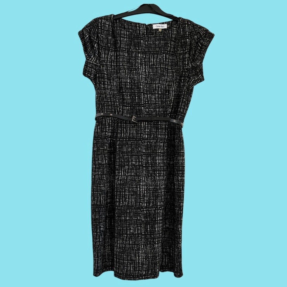 Calvin Klein cap sleeve midi shift dress with studded belt